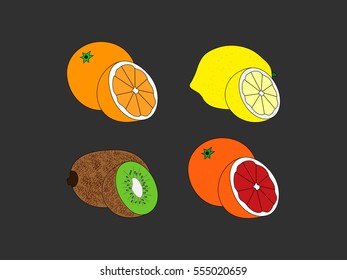 Set of vector fruit on a black background.Icons of orange,lemon,grapefruit,kiwi.