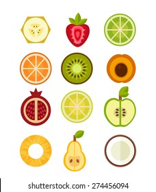 Set of vector fruit on the white background. Collection of 12 fruits icons in flat style. Vector illustration of fresh cute fruits cut in half isolated on white.