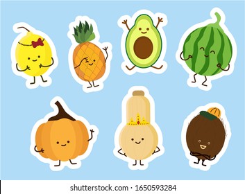 Set of vector fruit stickers Kawaii cute face. Best for learning children of food names. bright tropical card design. Lemon, avocado, pineapple, pumpkin, coconut. illustration on blue background