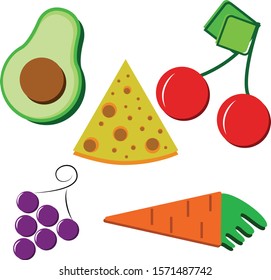 Set of vector fruit and vecgetables for menu design. Avocado cheese grape carrot cherry flat vector icon