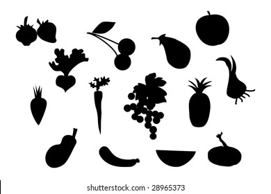 Set of vector fruit and vegetable silhouette