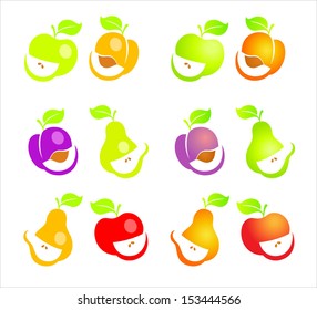 Set of vector fruits: apple, peach, plum, pear