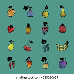 Set of vector fruits and berries. Hand drawn fruits and berries icons.
