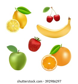 Set of vector fruits and berries. Lemon, banana, cherry, apple, strawberry, orange fresh organic collection.