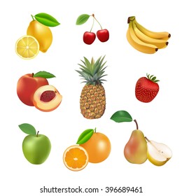 Set of vector fruits and berries. Lemon, banana, cherry, apple, strawberry, orange, pineapple, pear, peach  fresh organic collection.