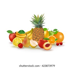 Set of vector fruits and berries. Lemon, banana, cherry, apple, strawberry, orange, pineapple, pear, peach fresh organic collection.