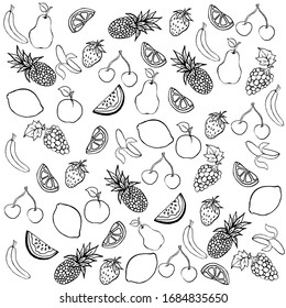 
Set of vector fruits in doodle style. Tropical and garden fruits. Pineapple banana lemon watermelon grape cherry and pear ripe summer vitamins. Fruit pattern.