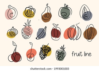 Satz von Vektorfrüchten im flachen Stil. Line Art. Einzelelemente. Apfel, Birnen, Kirschen, Ananas, Banane, Weintrauben, Zitronen, Granatapfelsen, Wassermelonen