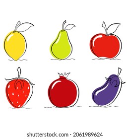 Set of vector fruits in One-Line style with colored elements.