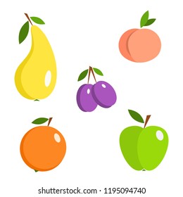 Set of vector fruits. Plum, peach, orange, pear, apple.