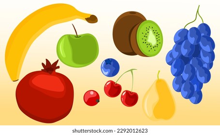 Set of vector fruits. Pomegranate, banana, apple, pear, grape, kiwi, cherry