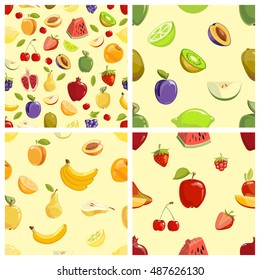 Set of vector fruits seamless patterns. Collection of sweet fruit illustration