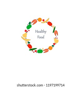 Set of vector fruits and vegetables on white background. Icons of orange, apple, pear, banana, broccoli, tomato, cucumber, cheese and fish