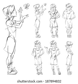 Set of vector full-length hand-drawn Caucasian teens, black and white front and side view sketch of a girl catch a butterfly, monochrome illustration of standing adolescent with hand crossed on chest.
