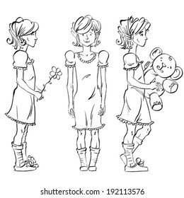 Set of vector full-length hand-drawn Caucasian teens, black and white front and side view sketch of a girl catch a butterfly, monochrome freehand illustration of standing adolescent holding a bouquet.