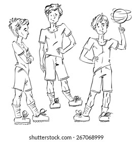 Set of vector full-length hand-drawn Caucasian teens with a soccer ball, black and white  youngsters, monochrome illustration of standing boys. Teenager with a spinning soccer ball on his finger. 