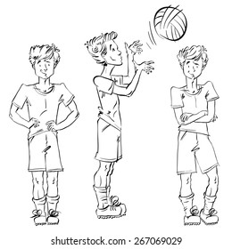 Set of vector full-length hand-drawn Caucasian teens, black and white youngsters, monochrome illustration of a standing boy catch a spinning ball, drawing of kid with hands crossed on his chest.