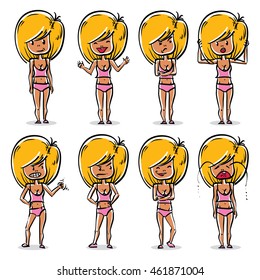 Set of vector full-length portraits of beautiful blonde ladies. Cartoon hand-drawn illustrations of attractive women in different emotions.