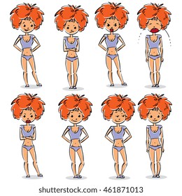Set of vector full-length portraits of beautiful red-haired ladies. Cartoon hand-drawn illustrations of attractive women in different emotions.