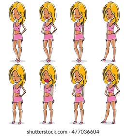 Set of vector full-length portraits of beautiful blonde ladies. Cartoon hand-drawn illustrations of attractive women in different emotions.