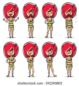Set of vector full-length portraits of beautiful red-head ladies. Cartoon hand-drawn illustrations of attractive women in different emotions.