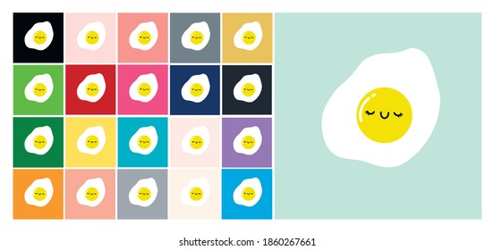 Set of vector fun fried egg cute Breakfast cartoon icon isolated. Children's cute and kind illustration in various color palettes.