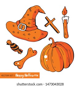 Set in vector for a Fun Halloween. Cartoon monsters in flat style. Hand drawing in orange, red, black, white. Isolated object. Witch hat, broom, bone, cross, candle, candy, pumpkin.