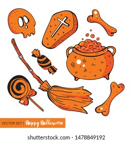 Set in vector for a fun Halloween. Cartoon monsters in flat style. Hand drawing in orange, red, black, white. Isolated object. Witch broom, bone, candy, cauldron with potion, coffin, skull, skeleton.