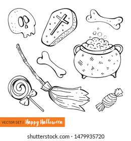 Set in vector for a fun Halloween. Cartoon monsters in flat style. Hand drawn black line on white background. Isolated object. Witch broom, bone, candy, cauldron with potion, coffin, skeleton skull