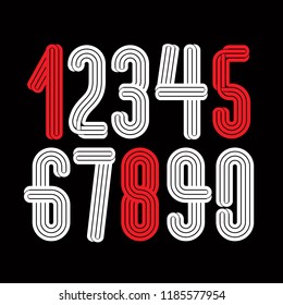 Set of vector funky regular numbers from 0 to 9 made with triple stripes, best for use in logotype design for festival announcement.