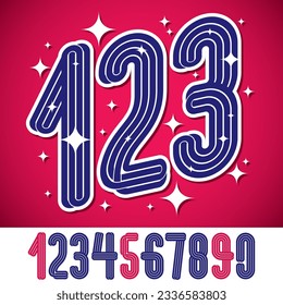 Set of vector funky regular numbers from 0 to 9 made with triple stripes, best for use in logotype design for festival announcement.