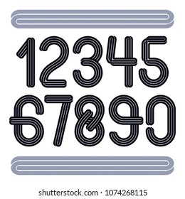 Set of vector funky rounded numbers made with parallel lines, can be used for logo creation in entertainment business.