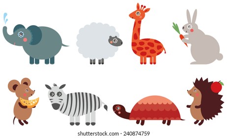 Set of vector funny animal: elephant, giraffe, rabbit, sheep, zebra, mouse, tortoise, crew cut svg