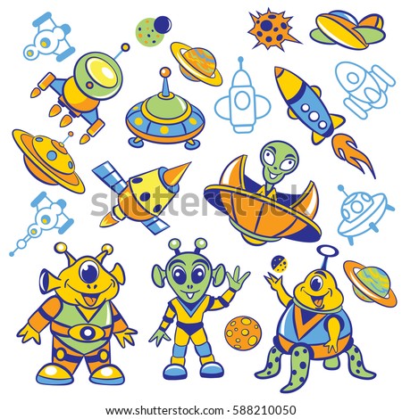Set of vector Funny cartoon aliens and space vehicles. Vector illustration.