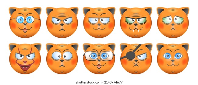 Set of vector funny cartoon round faces of ginger cats with different emotions. Cheerful, angry, unhappy and cute puss. Isolated pet icons on white background