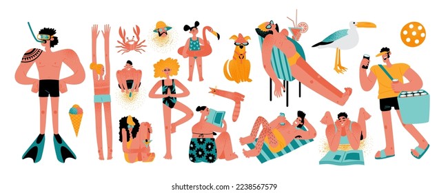 Set of vector funny characters relaxing, sunbathing, drinking cocktails and reading on the beach. People and animals at the resort. Cartoon illustrations in flat style