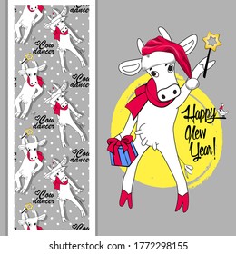 Set of vector funny cow santa claus and vector seamless pattern. Dancing cow with a red scarf and christmas star. Happy New Year!