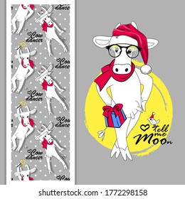Set of vector funny cow santa claus and vector seamless pattern. Dancing cow with a red scarf and christmas star. Happy New Year!