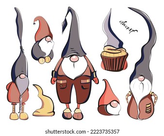 Set of vector funny dwarves in purple and pink tones. Christmas characters. Suitable for designs in polygraphy.