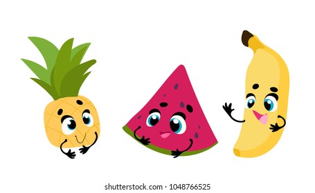 Set vector funny fruit, cartoon character with face and hands
