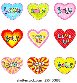 Set of Vector Funny Heart Stickers. Romantic Labels with "Love You" Message. Valentine's Day Love & Hearts