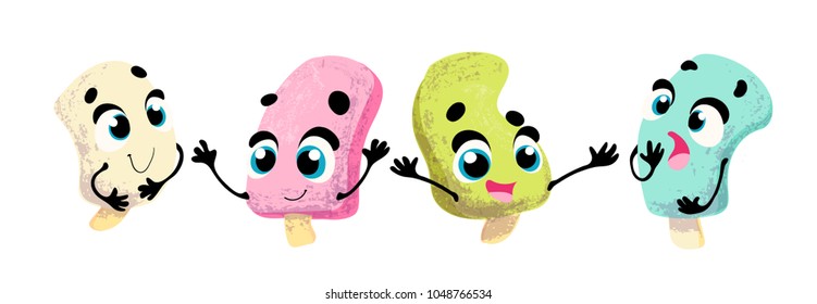 Set vector funny ice cream, cartoon character with face and hands
