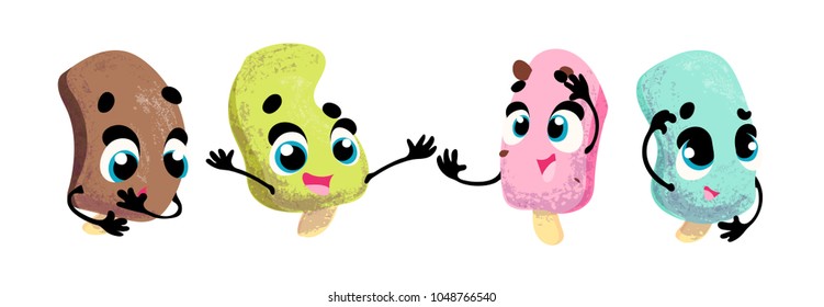 Set vector funny ice cream, cartoon character with face and hands
