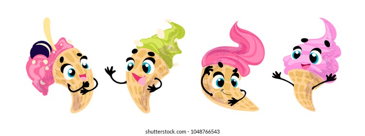 Set vector funny ice cream, cartoon character with face and hands
