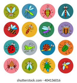 Set of vector funny insects icons. Cartoon characters on colored basis for you design. Childish illustration. Cute stickers.