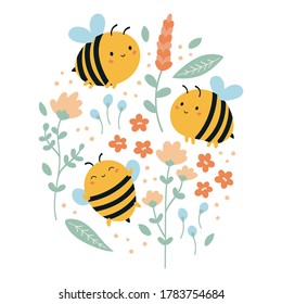 Set of vector funny kawaii bees with flowers and leaves. Summer illustration for children. Hand drawn doodle plants. Cartoon character.