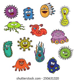 Set of vector funny microbes and viruses