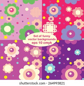 Set of vector funny seamless patterns with decorative flowers and polka dots on colourful backgrounds