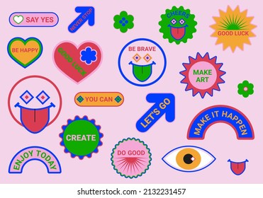 Set of vector funny stickers. Glued paper stickers. Bright, positive, vector illustrations.