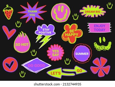 Set of vector funny stickers. Glued paper stickers. Bright, positive, vector illustrations.